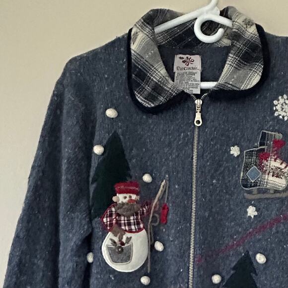 NutCracker knit cardigan fishing snowman reindeer flannel collar Christmas L - Picture 3 of 12